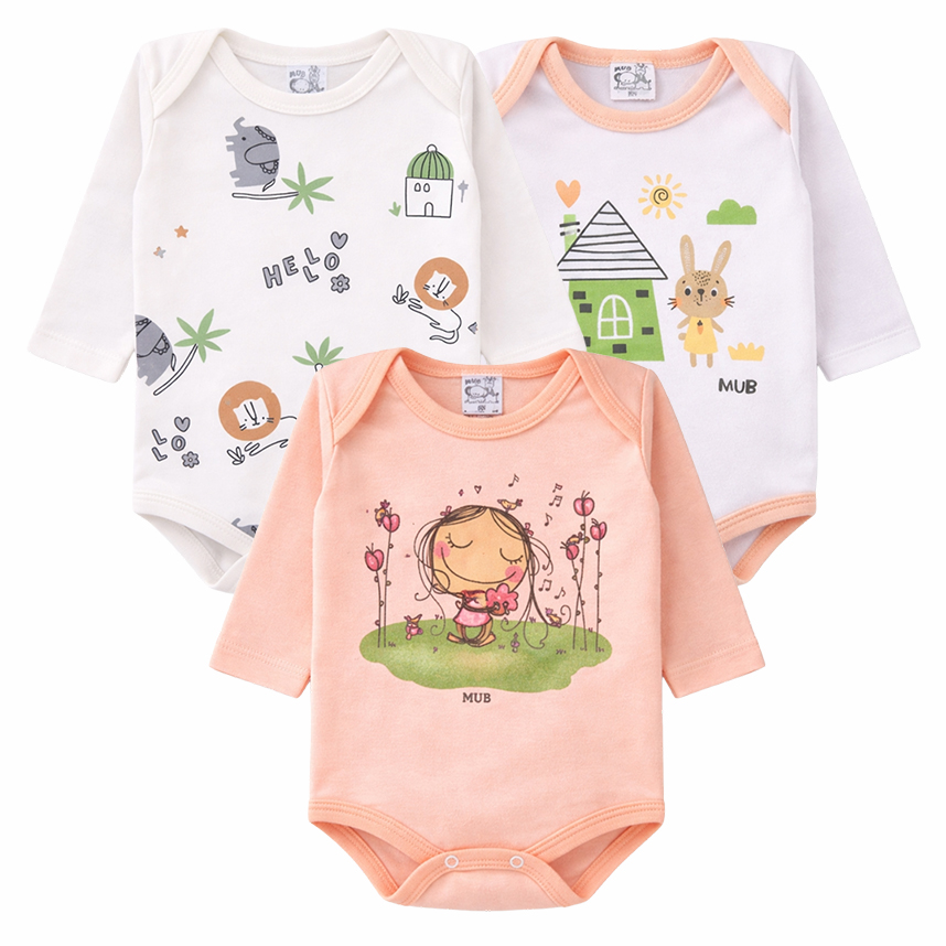 Kit Body Bebê Manga Longa Estampa Safari, Coelho 3 Peças