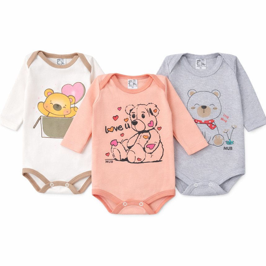 Kit Body Mub Manga Longa Estampa Ursinhos 3 Peças