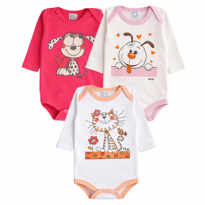 Kit Body Bebê Manga Longa Estampa Cachorrinho E Gato 3 Peças
