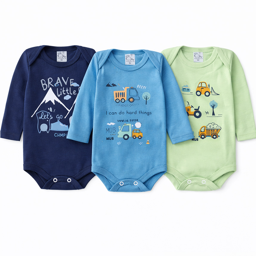 Kit Body Bebê Manga Longa Estampa Carro, Caminhão 3 Peças