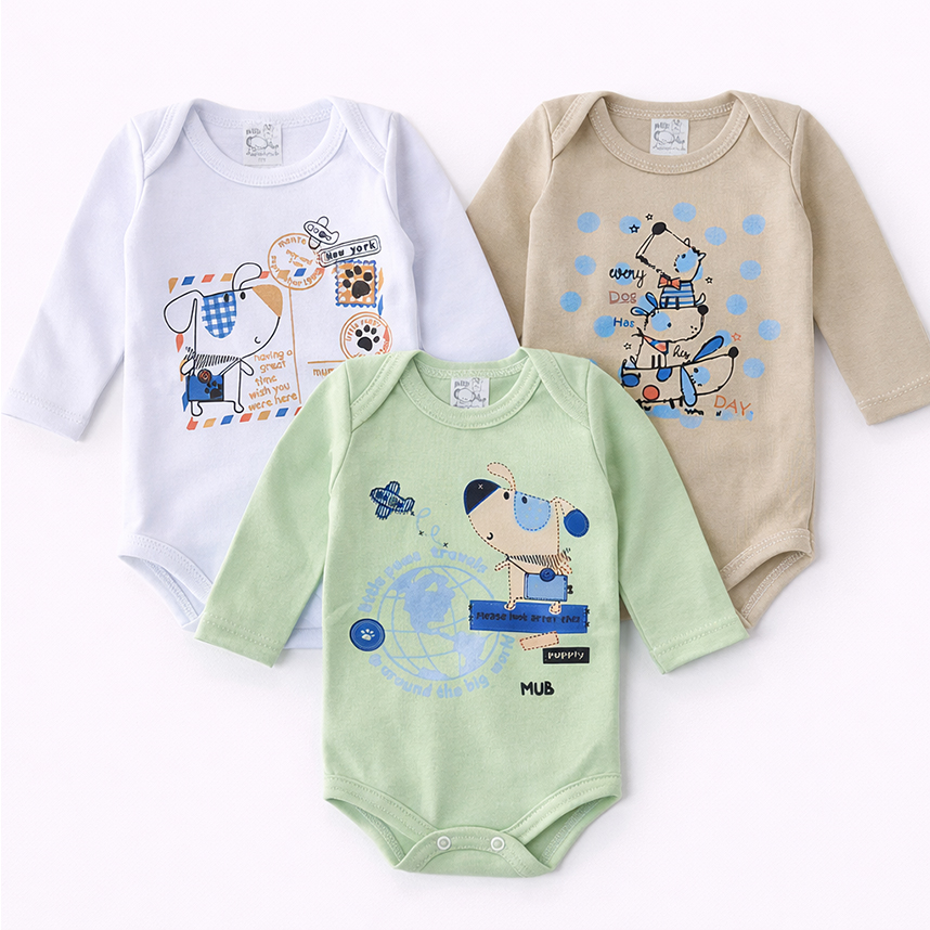 Kit Body Bebê Manga Longa Estampa Cachorro 3 Peças
