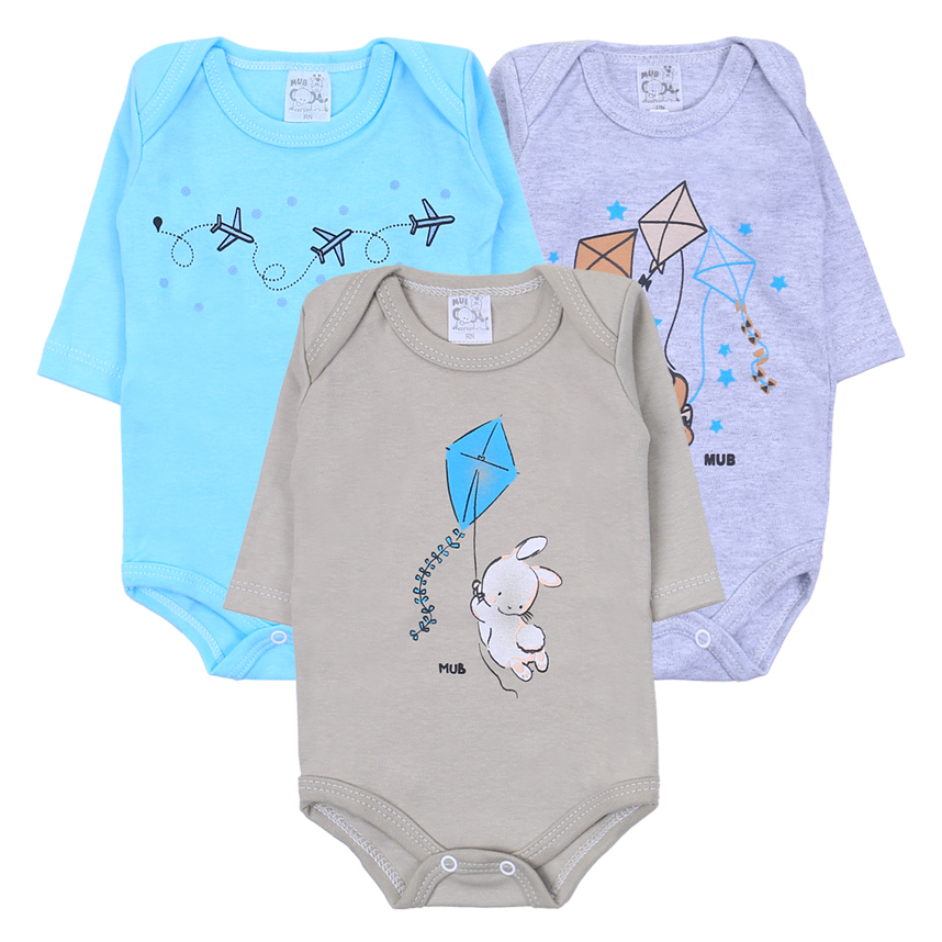 Kit Body Mub Manga Longa Estampa Cachorro Com Pipa 3 Peças