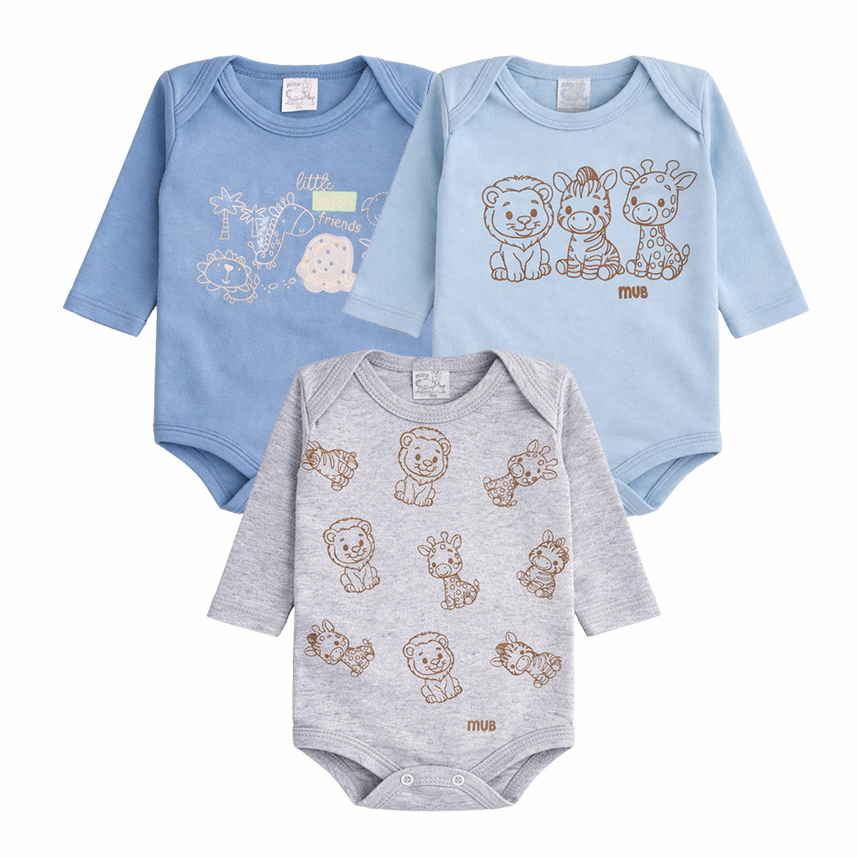 Kit Body Mub Manga Longa Estampa Safari 3 Peças