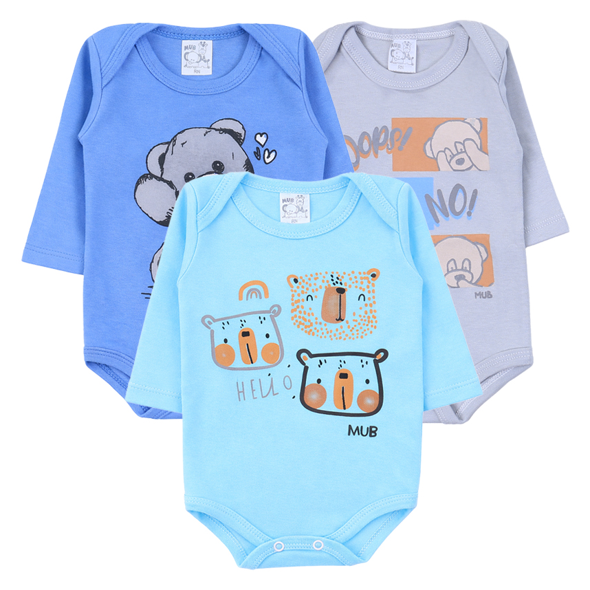 Kit Body Mub Manga Longa Estampa Ursinhos 3 Peças
