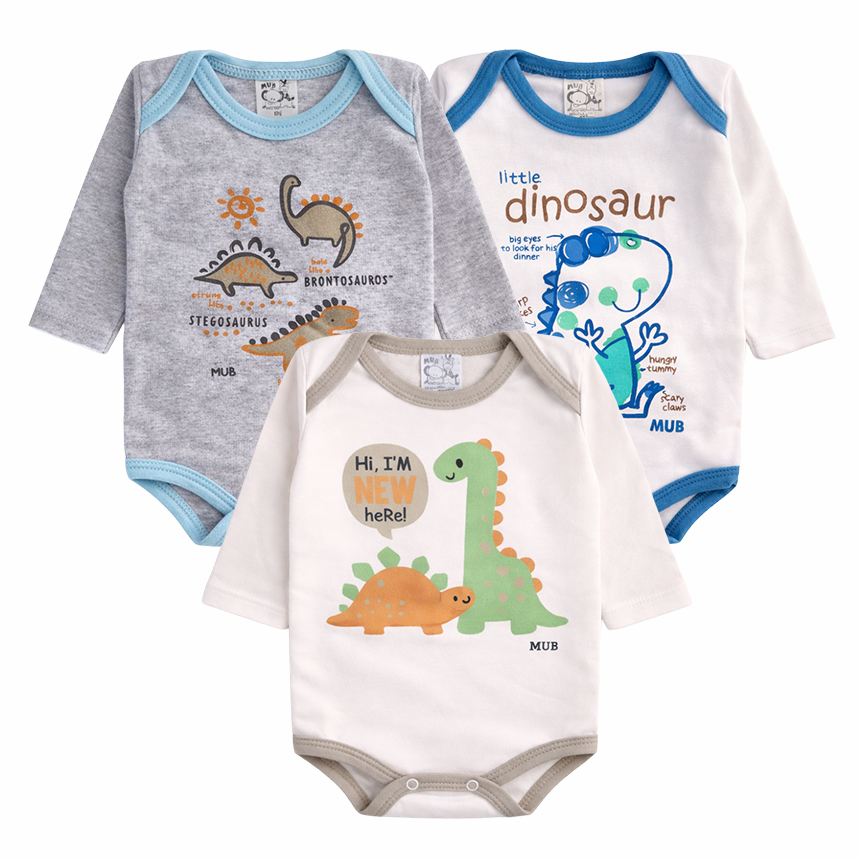 Kit Body Mub Manga Longa Estampa Dinossauros 3 Peças