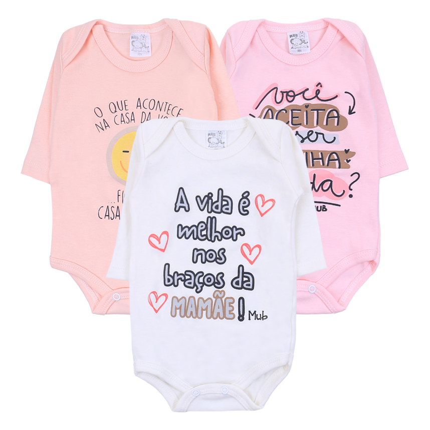 Kit Body Mub Manga Longa Estampa Frases 3 Peças