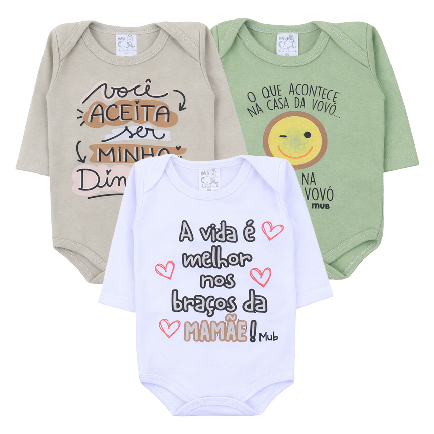 Kit Body Mub Manga Longa Estampa Frases 3 Peças