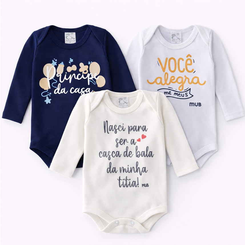Kit Body Mub Manga Longa Estampa Principe da Casa 3 Peças