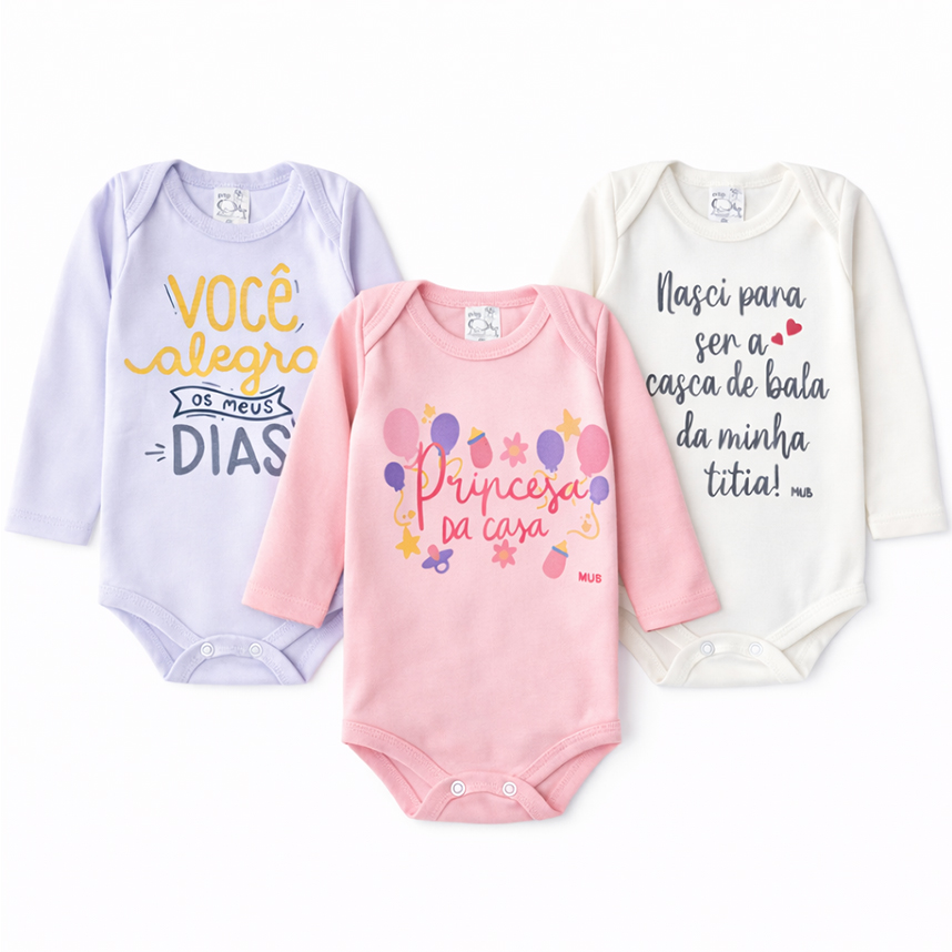 Kit Body Bebê Mub Manga Longa Princesa da Casa 3 Peças