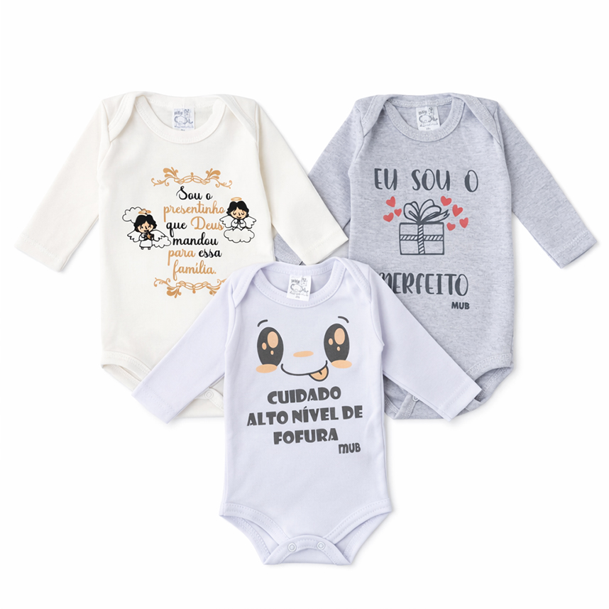 Kit Body Mub Manga Longa Estampa Presente de Deus 3 Peças