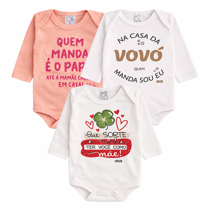 Kit Body Mub Manga Longa Frase Pai Mãe E Vovó 3 Peças