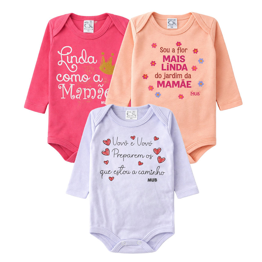 Kit Body Mub Manga Longa Frase Vó Mãe e Dinda 3 Peças