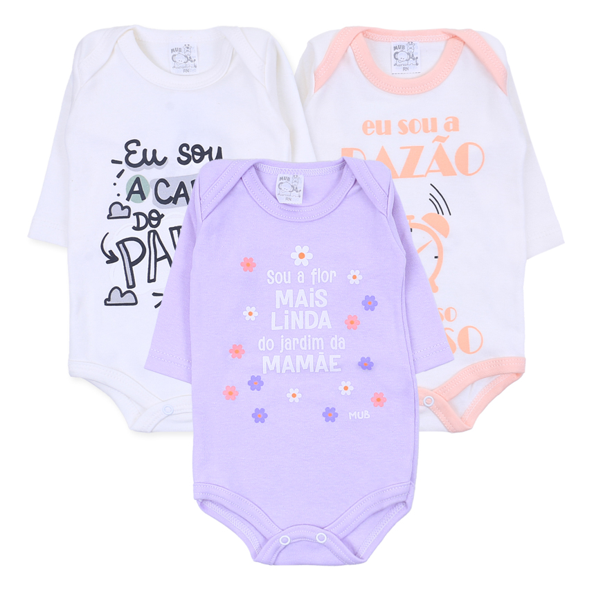 Kit Body Mub Manga Longa Frase Pai Mãe Relógio 3 Peças