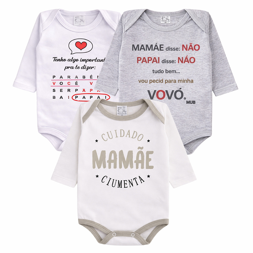 Kit Body Mub Manga Longa Frase Cruzada Mãe Ciúmes 3 Peças