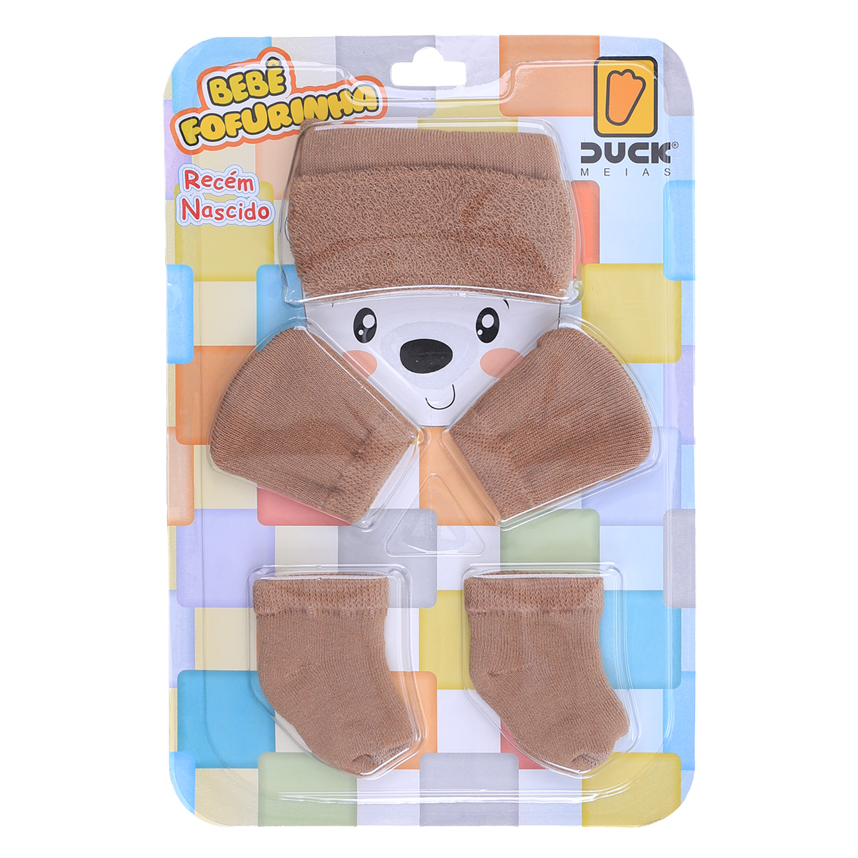 Kit Enxoval Bebê Duck Fofurinha Luva Touca E Meia Bege