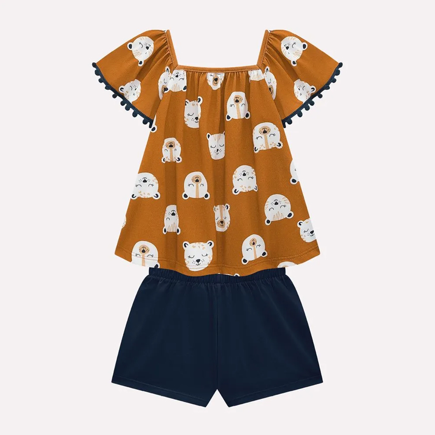 Conjunto Infantil Kyly Blusa Bata Ribana E Short Cotton