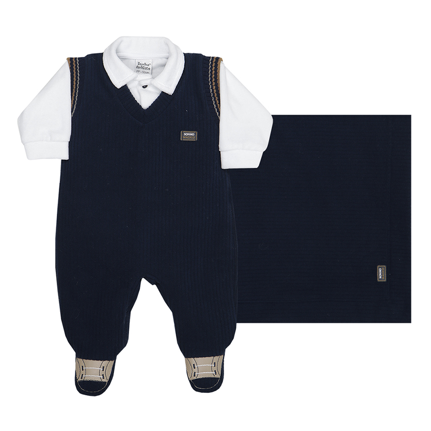 Macacão Longo Bebê Sonho Mágico Tricô Colete 2 Peças