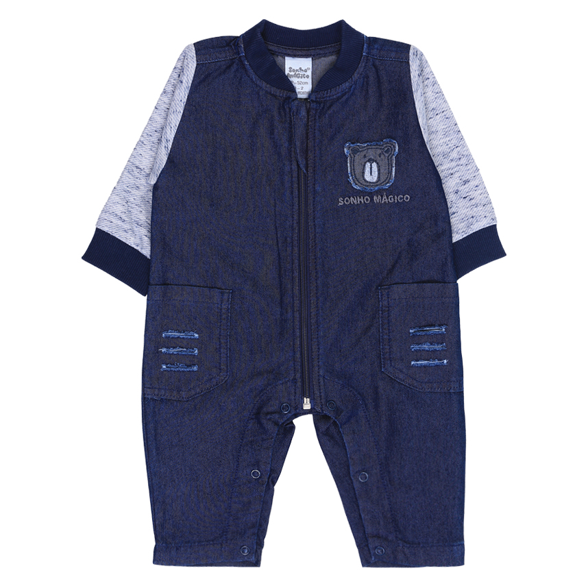 Macacão Longo Bebê Sonho Mágico Jeans Detalhe Urso