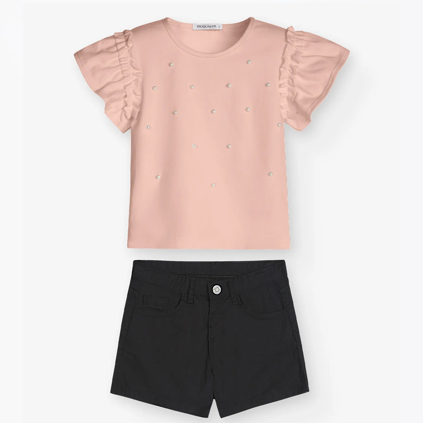 Conjunto Infantil Trick Nick Blusa Pérola E Short Sarja