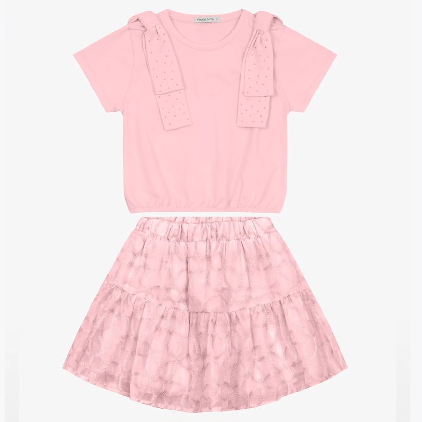 Conjunto Infantil Trick Nick Blusa Com Laço E Saia Bordada Conjunto Infantil Trick Nick Blusa Com Laço E Saia Bordada