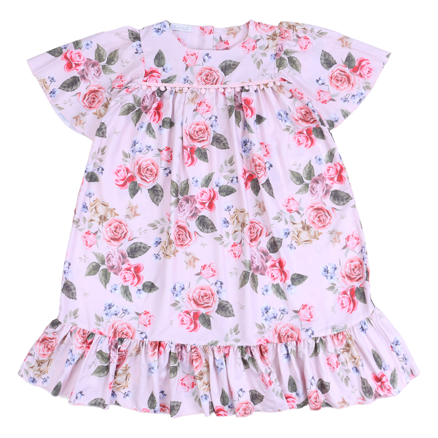 Vestido Infantil Cattai Manga Curta Floral Barra Babado