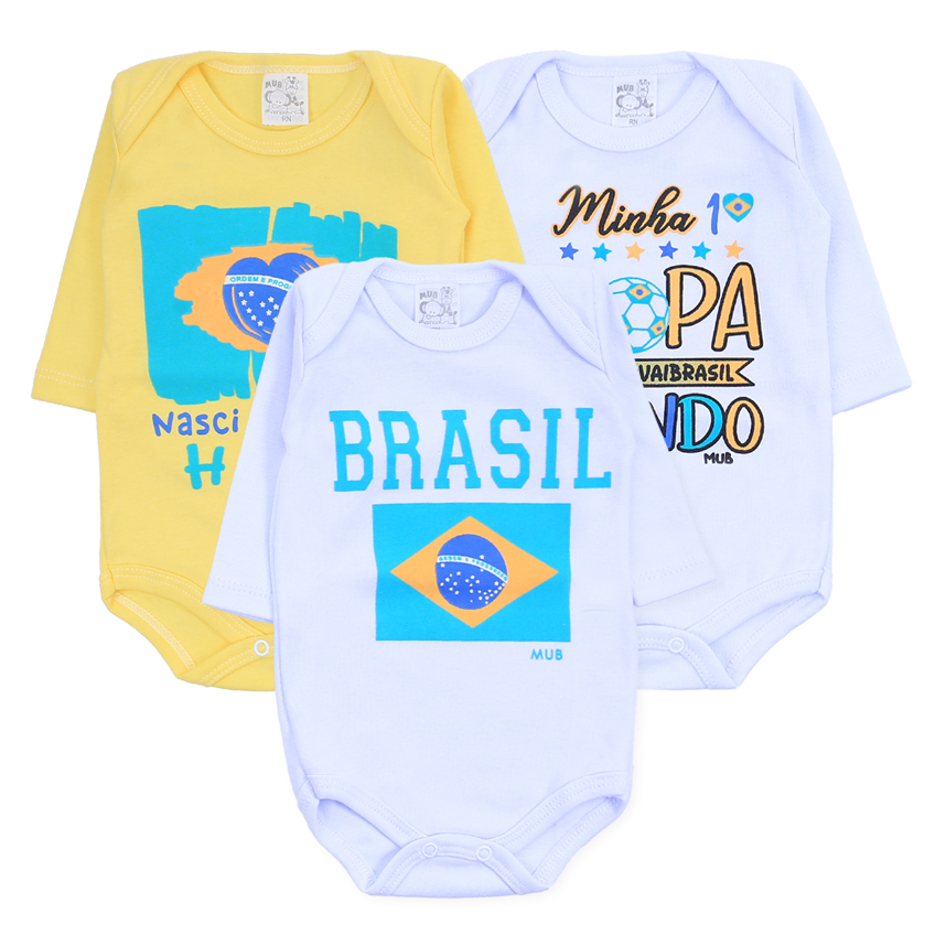 Kit Body Mub Manga Curta Estampa Copa Do Mundo 3 Peças