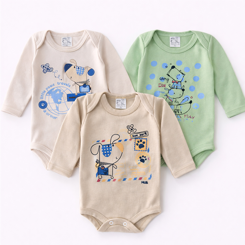 Body Infantil Mub Manga Longa Estampa Cachorros 3 Peças
