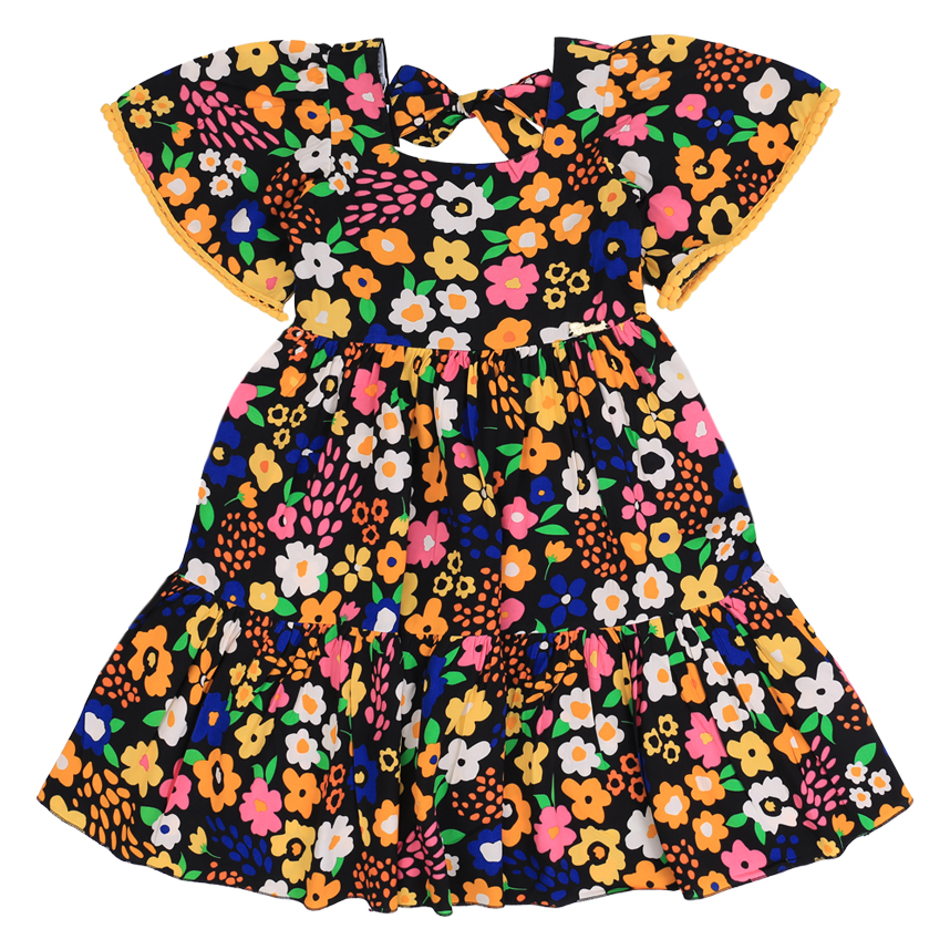 Vestido Infantil Cattai Estampado Preto Com Amarelo