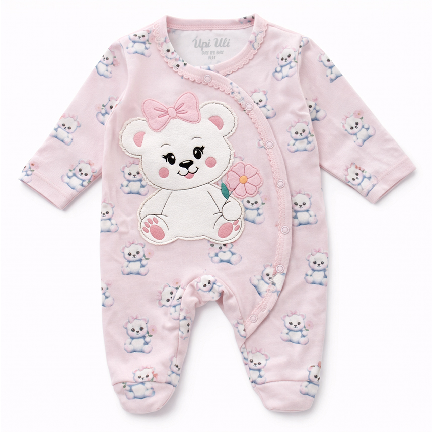 Macacão Longo Bebê Day By Day  Bordado Ursa Flor