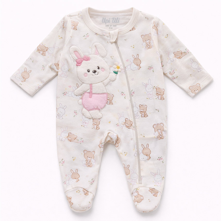 Macacão Longo Bebê Day By Day Com Zíper Bordado Coelha
