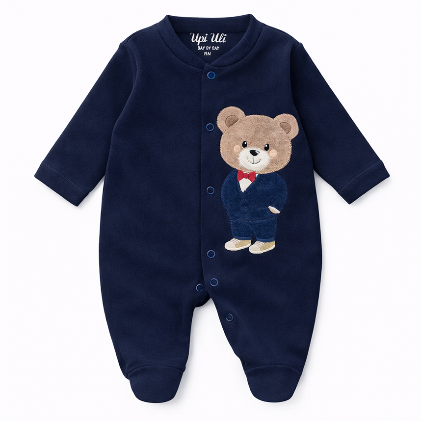 Macacão Longo Bebê Day By Day Suedine Bordado Urso Terno