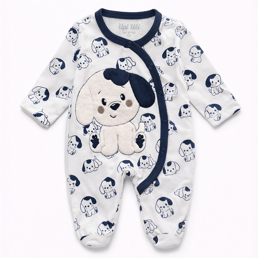 Macacão Longo Bebê Day By Day Suedine Bordado Cachorro