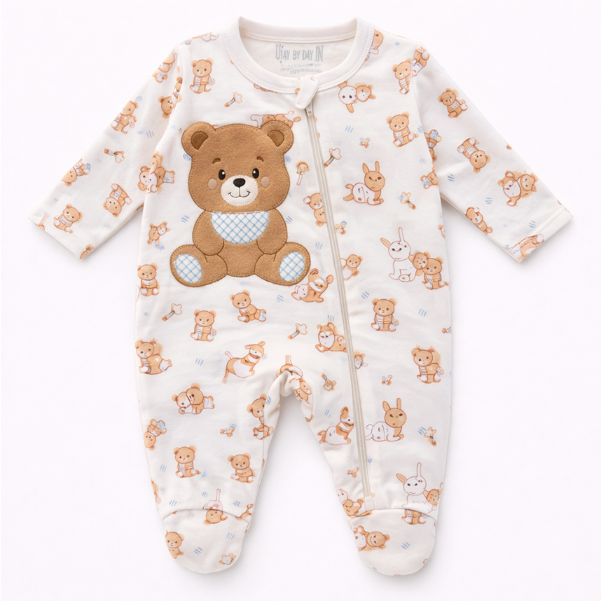 Macacão Longo Bebê Day By Day Suedine Bordado Urso