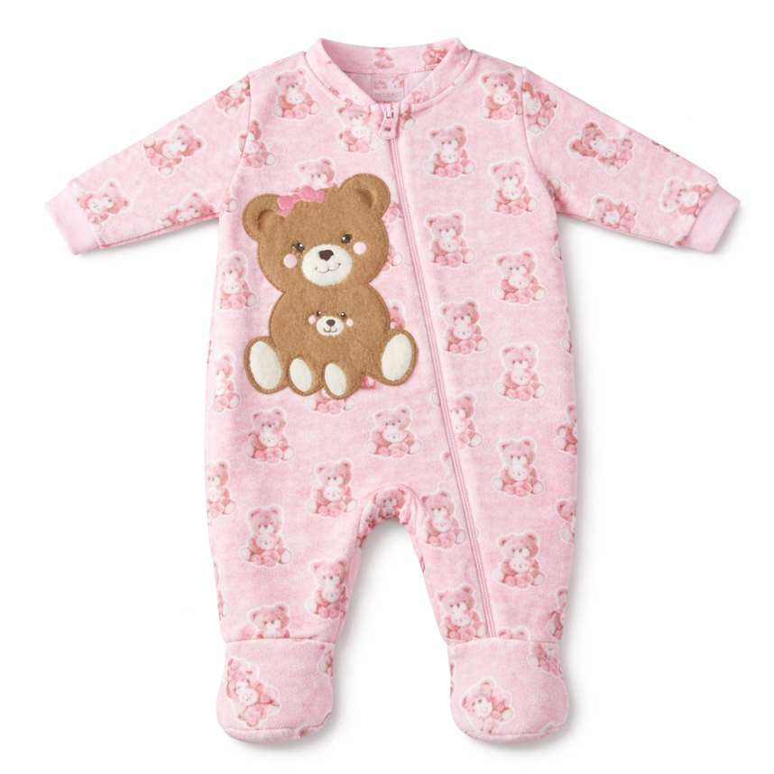 Macacão Longo Bebê Day By Day Com Zíper Bordado Ursinhas