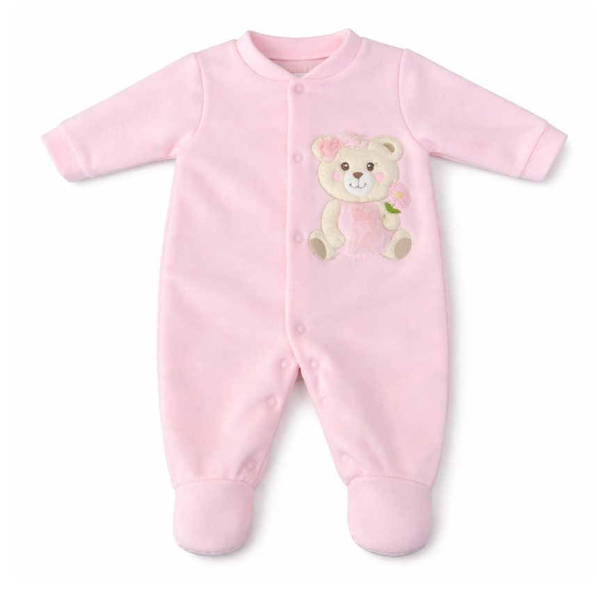 Macacão Longo Bebê Day By Day Soft Bordado Ursa Laço