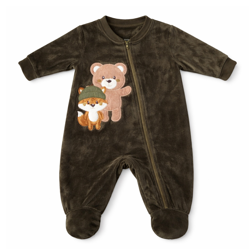 Macacão Longo Bebê Day By Day Suedine Bordado Urso Raposa