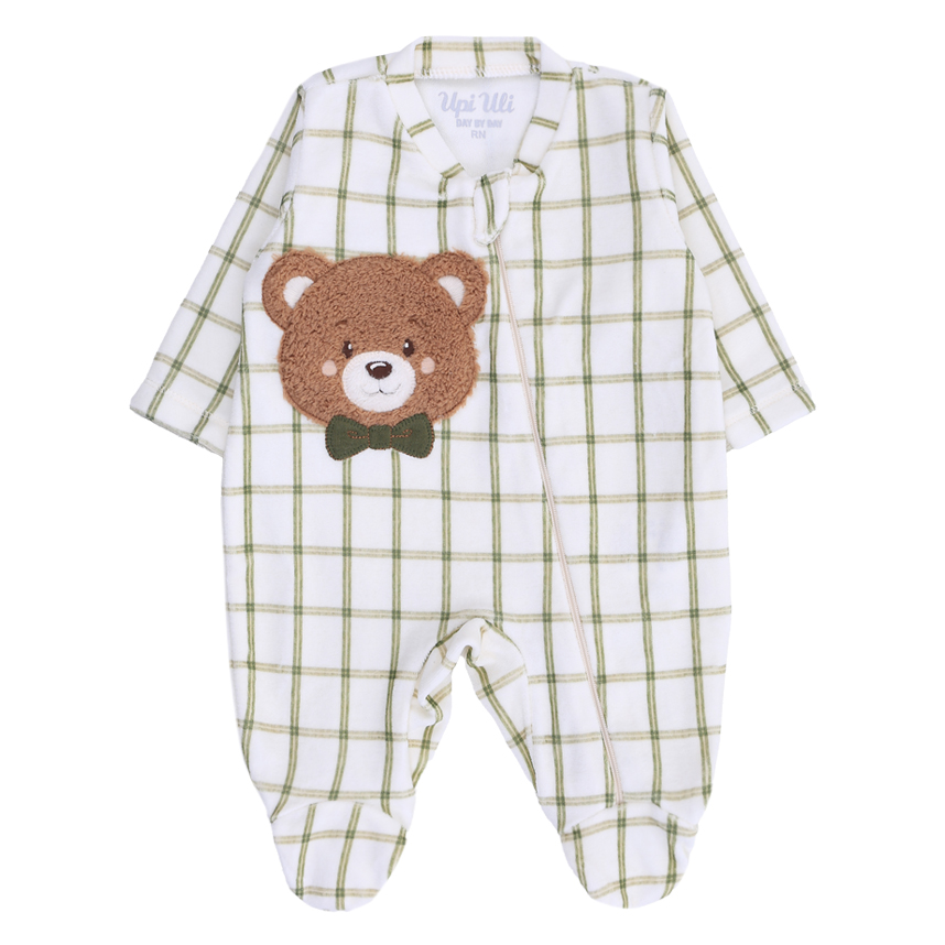 Macacão Longo Bebê Day By Day Suedine Xadrez Bordado Urso