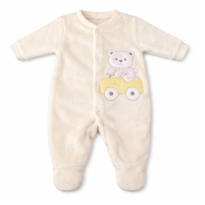 Macacão Longo Bebê Day By Day Fleece Bordado Urso Carro