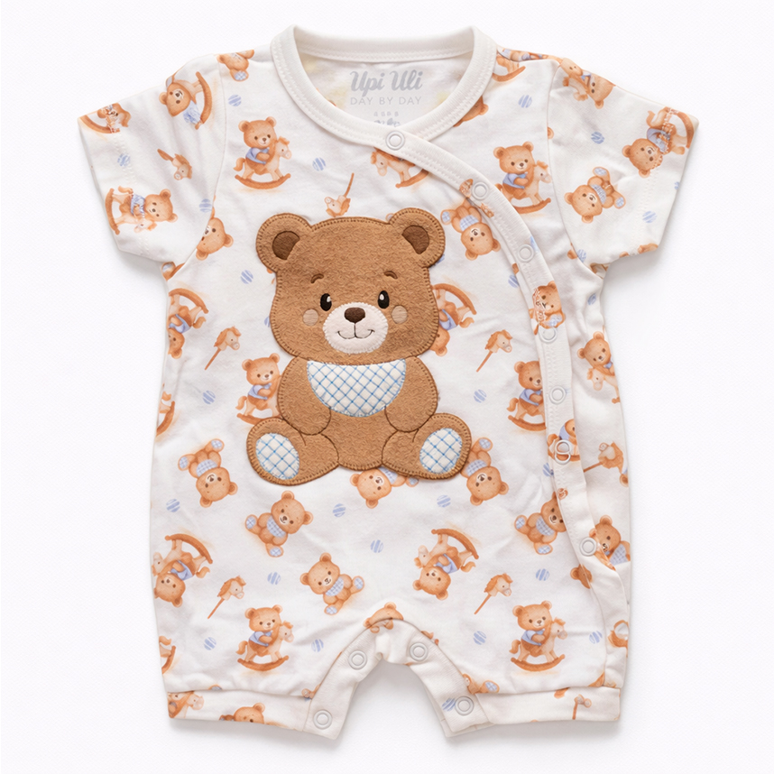 Macacão Curto Bebê Day By Day Suedine Bordado Urso