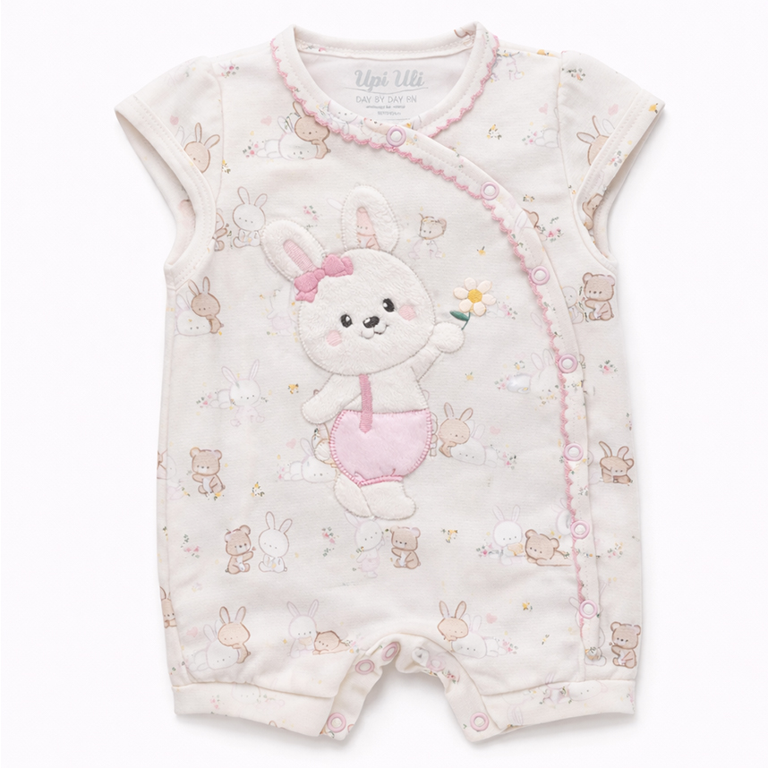 Macacão Curto Bebê Day By Day Suedine Bordado Coelha