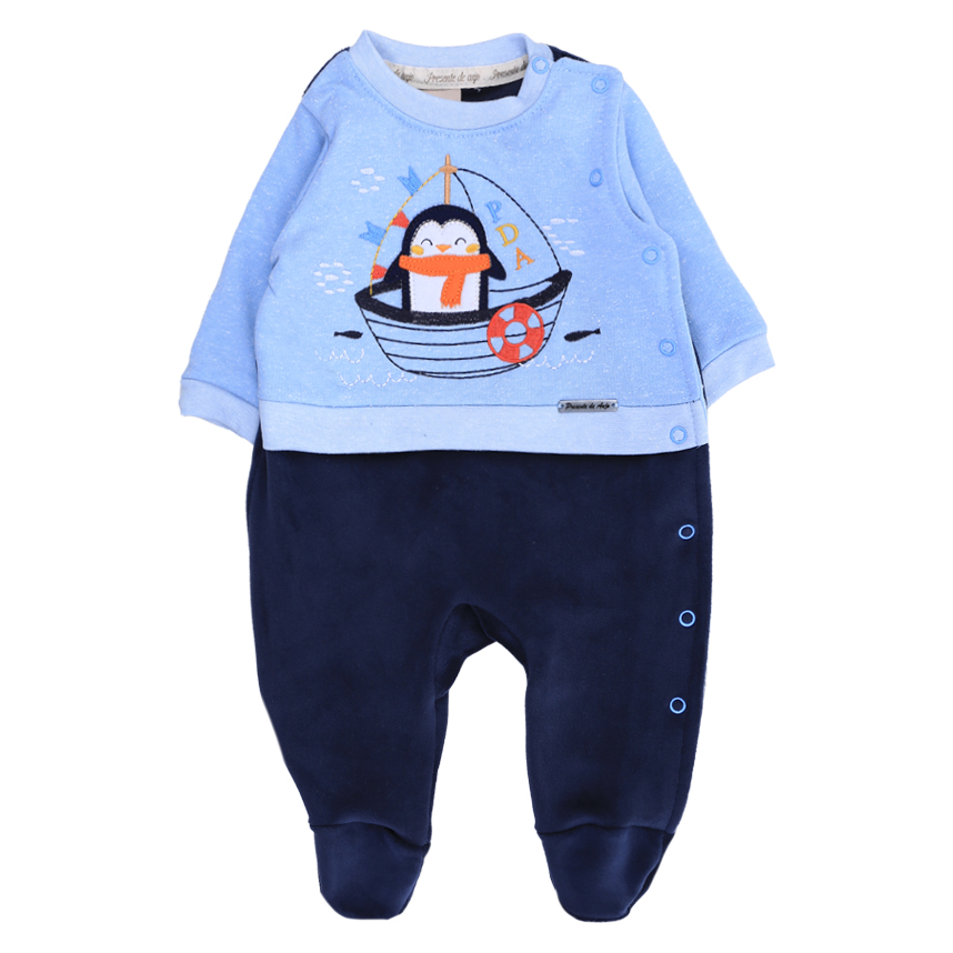 Macacão Longo Bebê Presente de Anjo Menino Bordado Pinguim