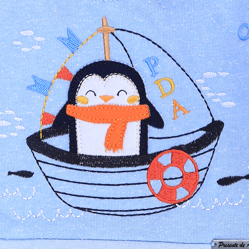 Macacão Longo Bebê Presente de Anjo Menino Bordado Pinguim