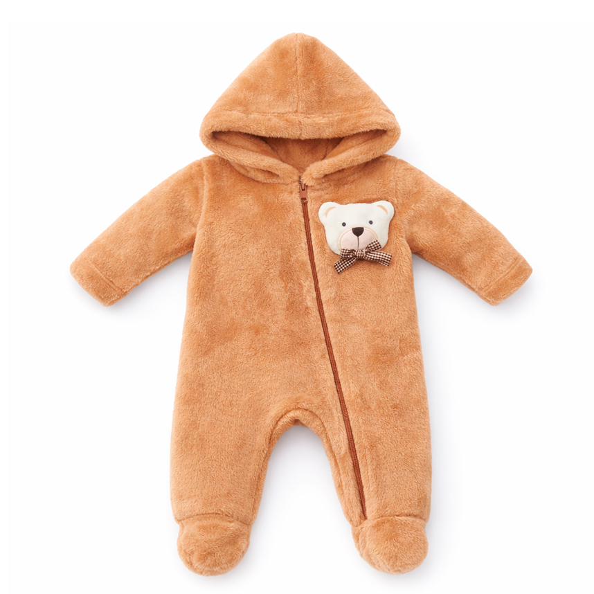 Macacão Longo Bebê Presente de Anjo Pelúcia Capuz Urso