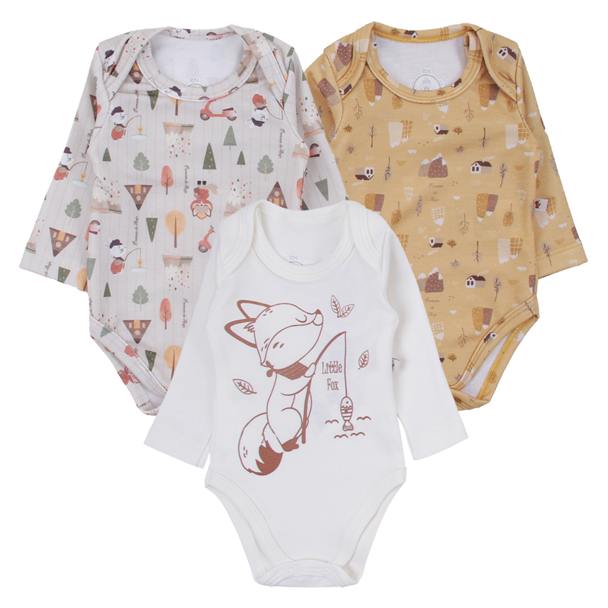 Kit Body Bebê Presente de Anjo Estampa Raposa 3 Peças