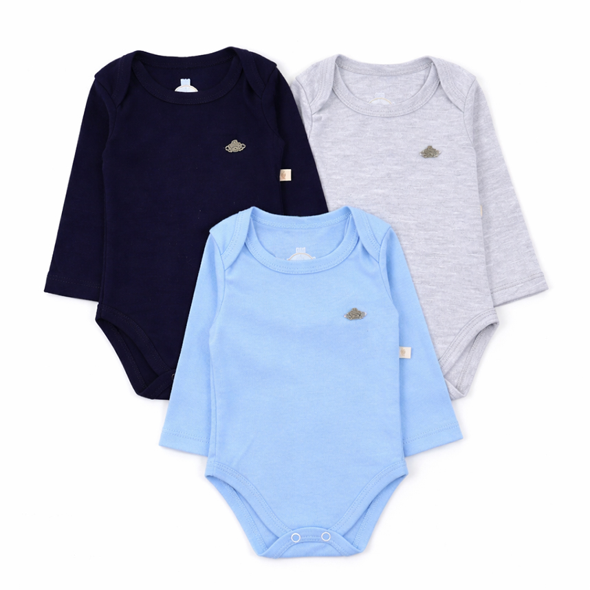 Kit Body Longo Bebê Presente de Anjo Menino Mix Liso 3 Peças