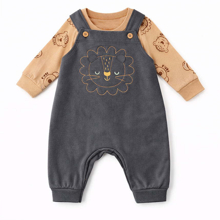 Macacão Bebê Brandili Jardineira Estampa Leão 2 Peças