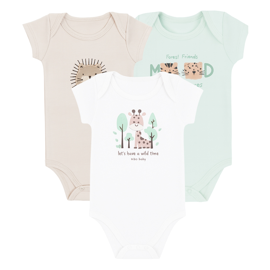 Kit Body Bebê Kiko Baby Manga Curta Girafa Leão 3 Peças