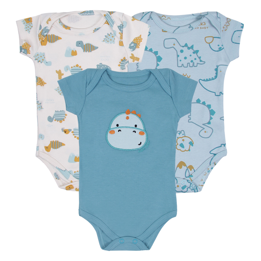 Kit Body Bebê Kiko Baby Manga Curta Dinossauro 3 Peças