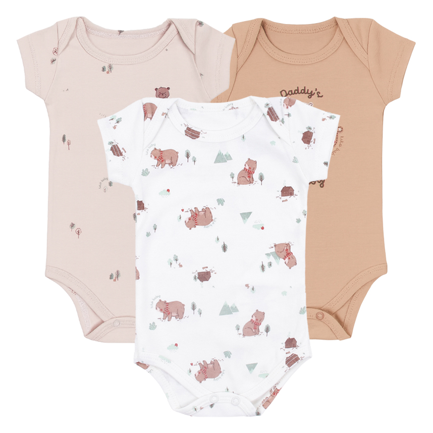 Kit Body Bebê Kiko Baby Manga Curta Estampa Urso 3 Peças