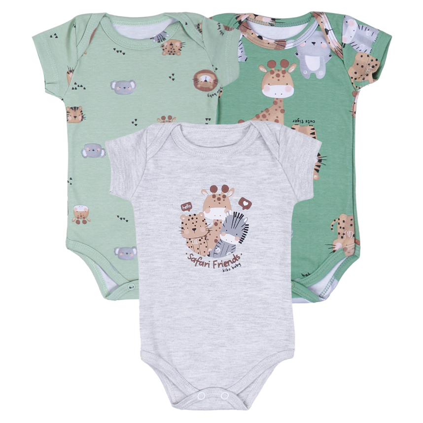 Kit Body Bebê Kiko Baby Manga Curta Amigos Safari 3 Peças